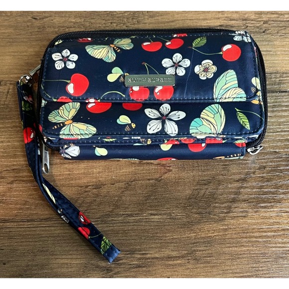 Smith & Skee Handbags - Smith & Skee Navy Blue Cherry Butterfly Print Nylon Wristlet Wallet Organizer